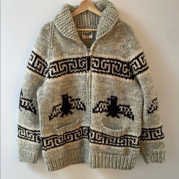 Vintage TUAK Large mens Thunderbird Cowichan zip-up knit wool cardigan sweater - Picture 2 of 13